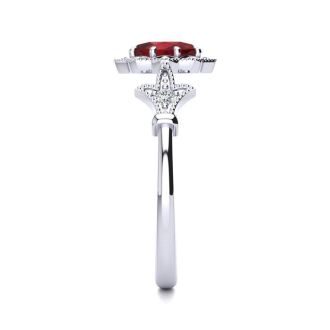 1 Carat Oval Shape Ruby and Halo Diamond Vintage Ring In 14 Karat White Gold
