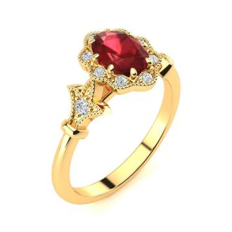 1 Carat Oval Shape Ruby and Halo Diamond Vintage Ring In 14 Karat Yellow Gold