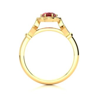 1 Carat Oval Shape Ruby and Halo Diamond Vintage Ring In 14 Karat Yellow Gold