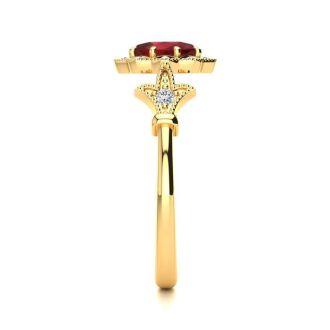 1 Carat Oval Shape Ruby and Halo Diamond Vintage Ring In 14 Karat Yellow Gold