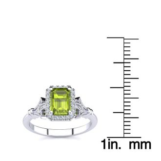 1 1/2 Carat Peridot and Halo Diamond Vintage Ring In 14 Karat White Gold