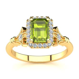 1 1/2 Carat Peridot and Halo Diamond Vintage Ring In 14 Karat Yellow Gold