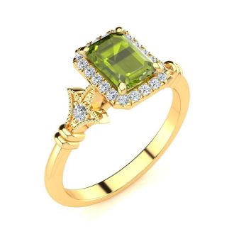1 1/2 Carat Peridot and Halo Diamond Vintage Ring In 14 Karat Yellow Gold