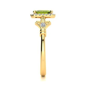 1 1/2 Carat Peridot and Halo Diamond Vintage Ring In 14 Karat Yellow Gold