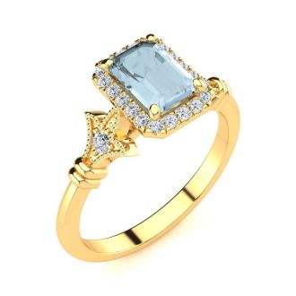 Aquamarine Ring: Aquamarine Jewelry: 1 Carat Aquamarine and Halo Diamond Vintage Ring In 14 Karat Yellow Gold
