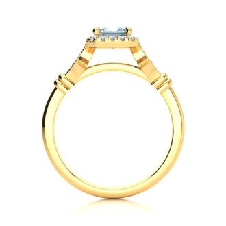 Aquamarine Ring: Aquamarine Jewelry: 1 Carat Aquamarine and Halo Diamond Vintage Ring In 14 Karat Yellow Gold