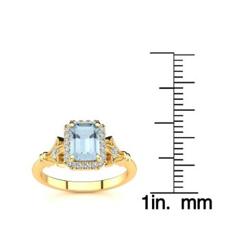 Aquamarine Ring: Aquamarine Jewelry: 1 Carat Aquamarine and Halo Diamond Vintage Ring In 14 Karat Yellow Gold