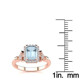 Aquamarine Ring: Aquamarine Jewelry: 1 Carat Aquamarine and Halo Diamond Vintage Ring In 14 Karat Rose Gold