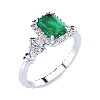 1 Carat Emerald and Halo Diamond Vintage Ring In 14 Karat White Gold