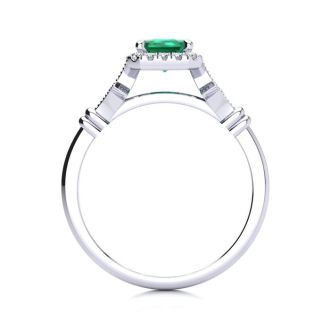 1 Carat Emerald and Halo Diamond Vintage Ring In 14 Karat White Gold