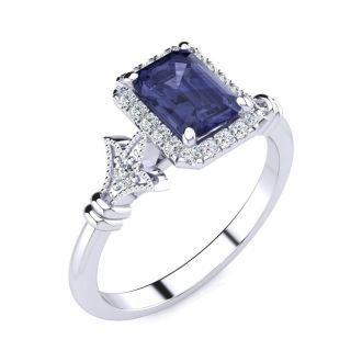 1 1/2 Carat Tanzanite and Halo Diamond Vintage Ring In 14 Karat White Gold
