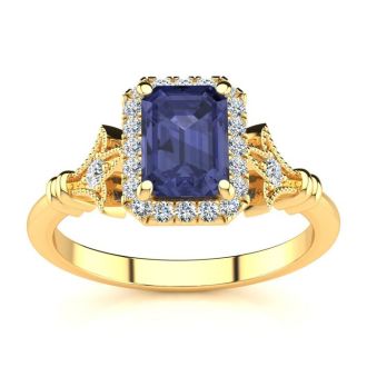1 1/2 Carat Tanzanite and Halo Diamond Vintage Ring In 14 Karat Yellow Gold