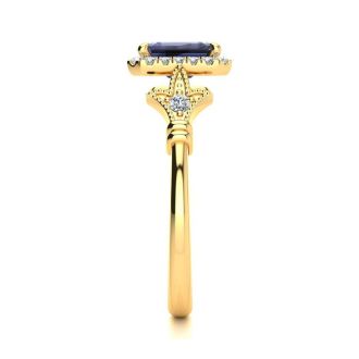 1 1/2 Carat Tanzanite and Halo Diamond Vintage Ring In 14 Karat Yellow Gold