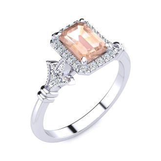 1 Carat Morganite and Halo Diamond Vintage Ring In 14 Karat White Gold