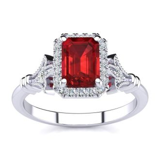 1 1/4 Carat Ruby and Halo Diamond Vintage Ring In 14 Karat White Gold