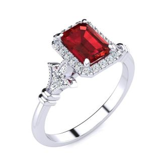 1 1/4 Carat Ruby and Halo Diamond Vintage Ring In 14 Karat White Gold