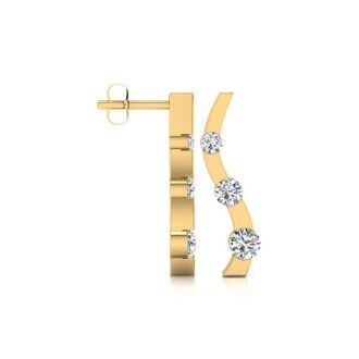Diamond Drop Earrings: 1ct Three Diamond Curve Earrings In 14K Yellow Gold