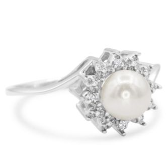 Round Freshwater Cultured Pearl and Halo Diamond Ring In 14 Karat White Gold