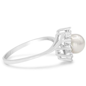 Round Freshwater Cultured Pearl and Halo Diamond Ring In 14 Karat White Gold