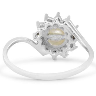 Round Freshwater Cultured Pearl and Halo Diamond Ring In 14 Karat White Gold