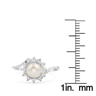 Round Freshwater Cultured Pearl and Halo Diamond Ring In 14 Karat White Gold
