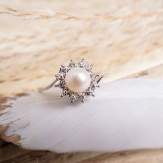 Round Freshwater Cultured Pearl and Halo Diamond Ring In 14 Karat White Gold