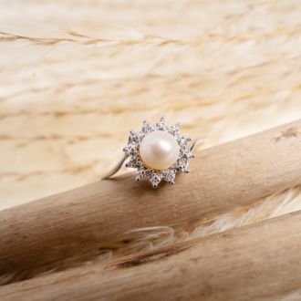Round Freshwater Cultured Pearl and Halo Diamond Ring In 14 Karat White Gold