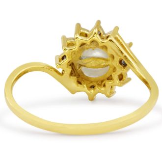 Round Freshwater Cultured Pearl and Halo Diamond Ring In 14 Karat Yellow Gold