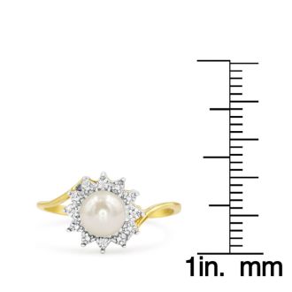 Round Freshwater Cultured Pearl and Halo Diamond Ring In 14 Karat Yellow Gold