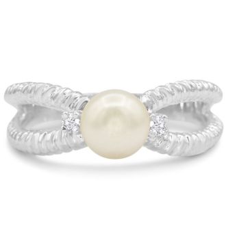 Round Freshwater Cultured Pearl and Diamond Split Shank Ring In 14 Karat White Gold