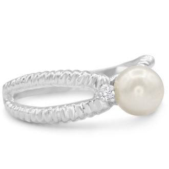 Round Freshwater Cultured Pearl and Diamond Split Shank Ring In 14 Karat White Gold