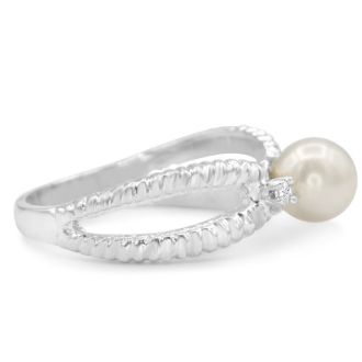 Round Freshwater Cultured Pearl and Diamond Split Shank Ring In 14 Karat White Gold