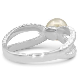 Round Freshwater Cultured Pearl and Diamond Split Shank Ring In 14 Karat White Gold