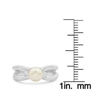 Round Freshwater Cultured Pearl and Diamond Split Shank Ring In 14 Karat White Gold