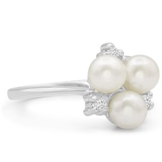 Round Freshwater Cultured Pearl and Diamond Cluster Ring In 14 Karat White Gold