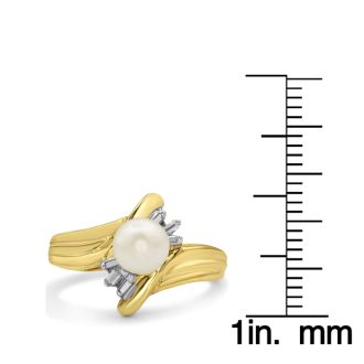 Round Freshwater Cultured Pearl and Baguette Diamond Ring In 14 Karat Yellow Gold