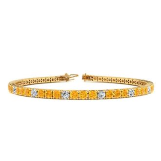 3 3/4 Carat Citrine And Diamond Alternating Tennis Bracelet In 14 Karat Yellow Gold, 8 1/2 Inches