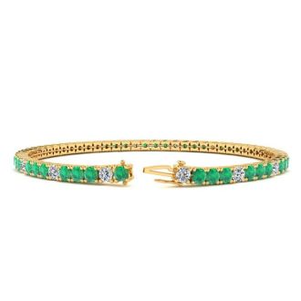 4 1/4 Carat Emerald And Diamond Alternating Tennis Bracelet In 14 Karat Yellow Gold, 8 Inches