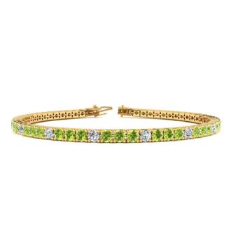 3 1/4 Carat Peridot And Diamond Alternating Tennis Bracelet In 14 Karat Yellow Gold, 7 Inches