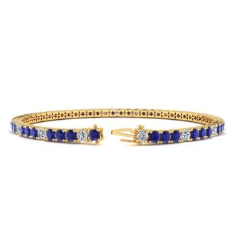 4 1/4 Carat Sapphire And Diamond Alternating Tennis Bracelet In 14 Karat Yellow Gold, 8 Inches
