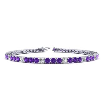 3 Carat Amethyst And Diamond Alternating Tennis Bracelet In 14 Karat White Gold, 6 1/2 Inches