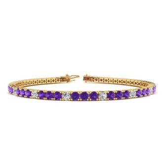3 1/4 Carat Amethyst And Diamond Alternating Tennis Bracelet In 14 Karat Yellow Gold, 7 Inches