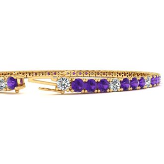 3 1/2 Carat Amethyst And Diamond Alternating Tennis Bracelet In 14 Karat Yellow Gold, 8 Inches