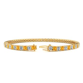 3 1/4 Carat Citrine And Diamond Tennis Bracelet In 14 Karat Yellow Gold, 7 1/2 Inches