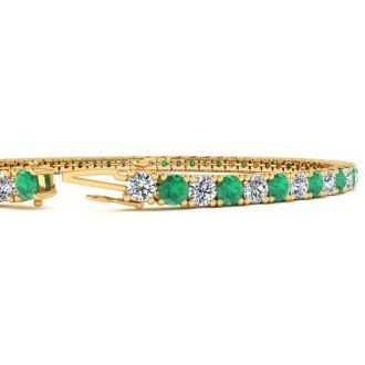 4 Carat Emerald And Diamond Tennis Bracelet In 14 Karat Yellow Gold, 8 1/2 Inches