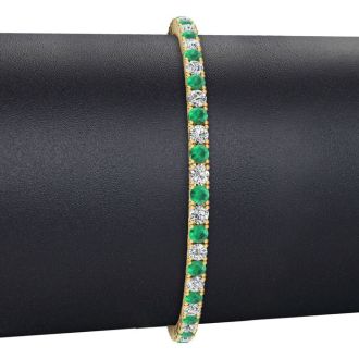 4 1/3 Carat Emerald And Diamond Tennis Bracelet In 14 Karat Yellow Gold, 9 Inches