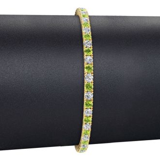 3 Carat Peridot And Diamond Tennis Bracelet In 14 Karat Yellow Gold, 7 Inches
