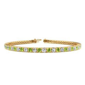 3 1/4 Carat Peridot And Diamond Tennis Bracelet In 14 Karat Yellow Gold, 7 1/2 Inches