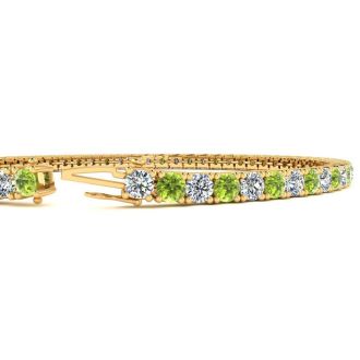 3 1/4 Carat Peridot And Diamond Tennis Bracelet In 14 Karat Yellow Gold, 7 1/2 Inches