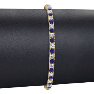 4 1/3 Carat Sapphire And Diamond Tennis Bracelet In 14 Karat Yellow Gold, 9 Inches